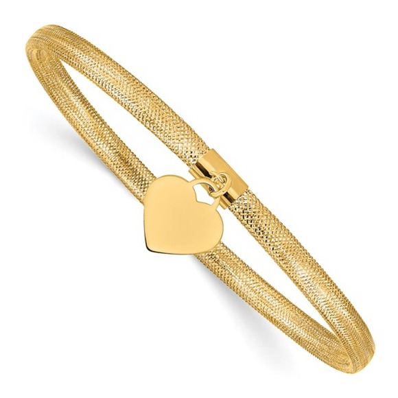 Real 14K Yellow Gold Women's Mesh Heart Pendant Charm Bangle Bracelet 4mm 7.5in